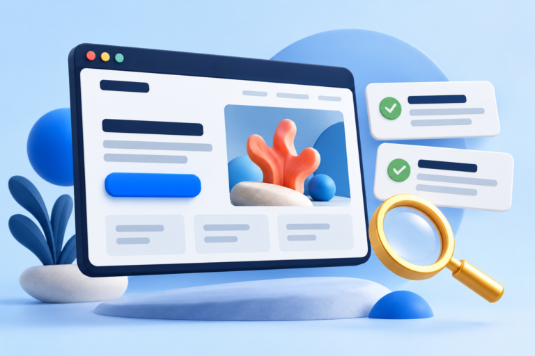 AI-generated illustration of a focused landing page with an enquiry button and contact cards