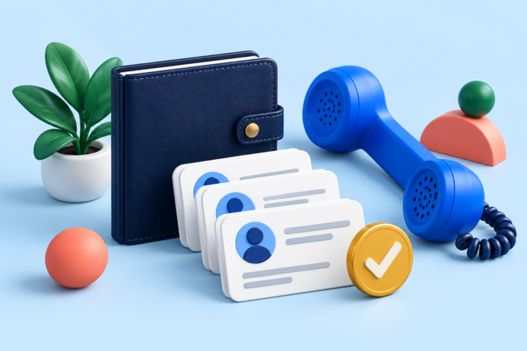 AI-generated illustration of contact cards, a notebook and a phone for customer follow-up