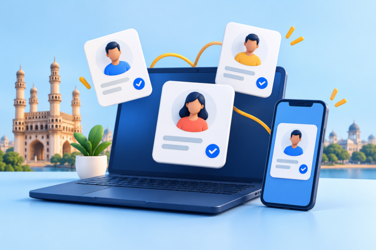 AI-generated illustration of a laptop and phone with enquiry cards