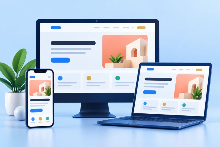 AI-generated illustration of a website displayed on desktop, laptop and mobile