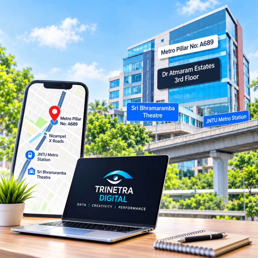 AI-generated office location illustration based on the supplied Trinetra Digital contact image